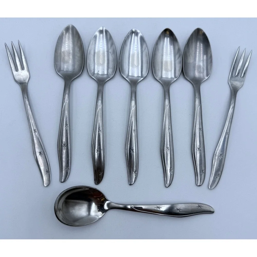 11 Mar-Crest, Kobe Atomic Star Flatware Pcs Mixed Lot Spoons Appetizer Forks 60s